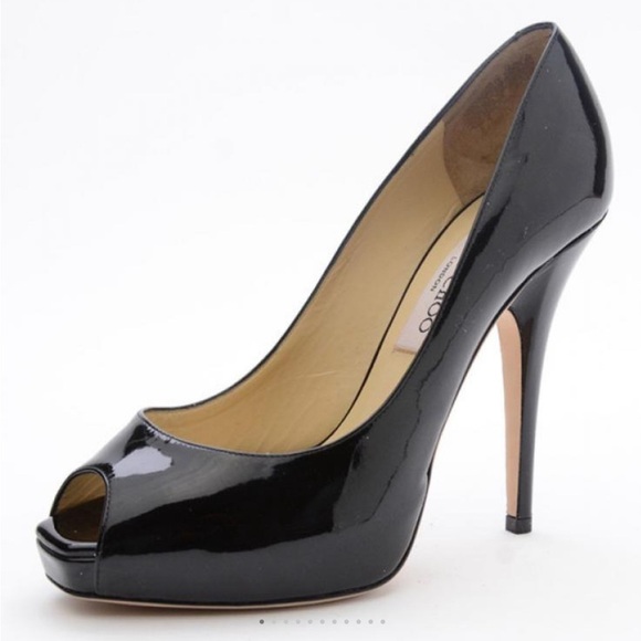 Jimmy Choo Shoes - Jimmy Choo Black Patent Leather Luna Peep Toe Platform Heels 38.5/ 8.5
